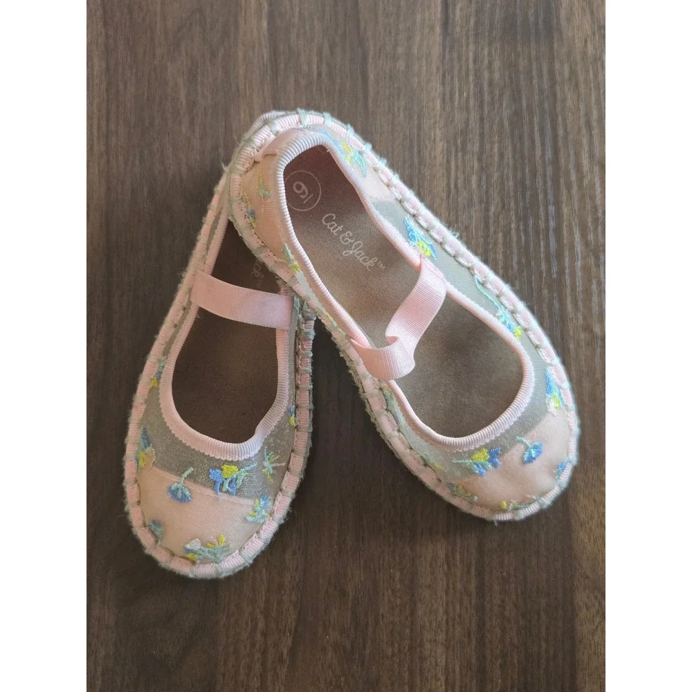 Cat & Jack Girls Pink Floral Embroidered Espadrille Flats Shoes Size 9c Toddler